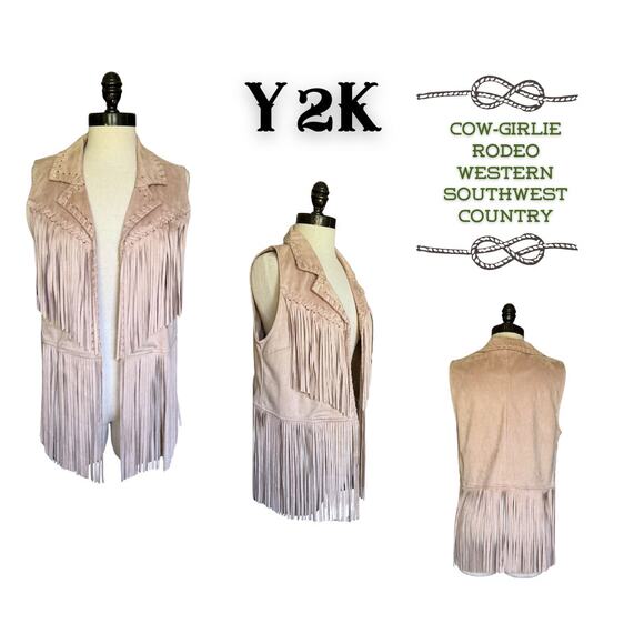 Y2k Fringe Vest Faux Suede Western Rodeo Cowgirl Boho Hippie Concert Festival - Picture 1 of 10